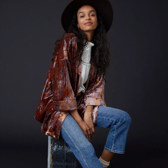 Anthropologie Esme Velvet Kimono jacket size XS open front Brown and Purple - Picture 3 of 15